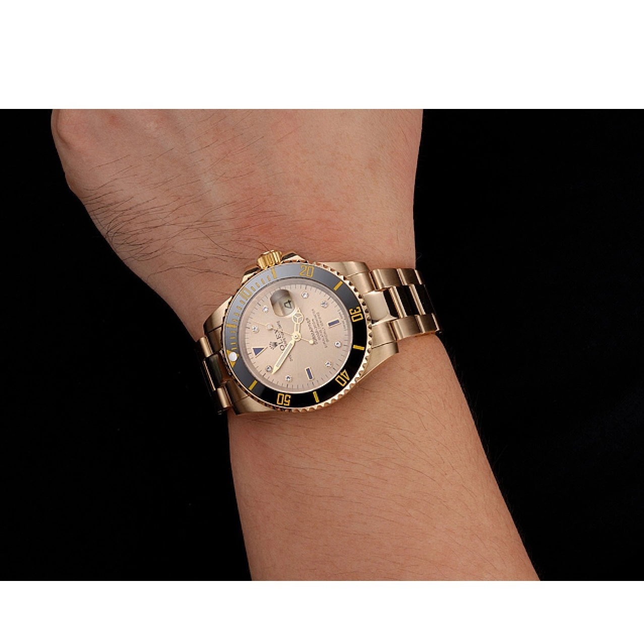 Aaa replica watch Markings With Case Yellow Swiss Diamond Black Dial Gold Submariner Bracelet Bezel Rolex Gold And 0530
